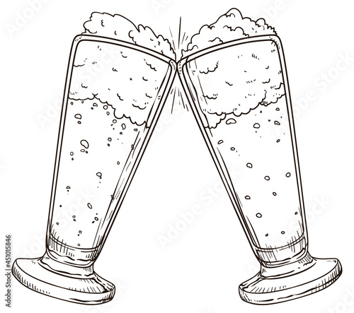 Two beer in pilsner mug toasting in hand drawn style , Vector illustration