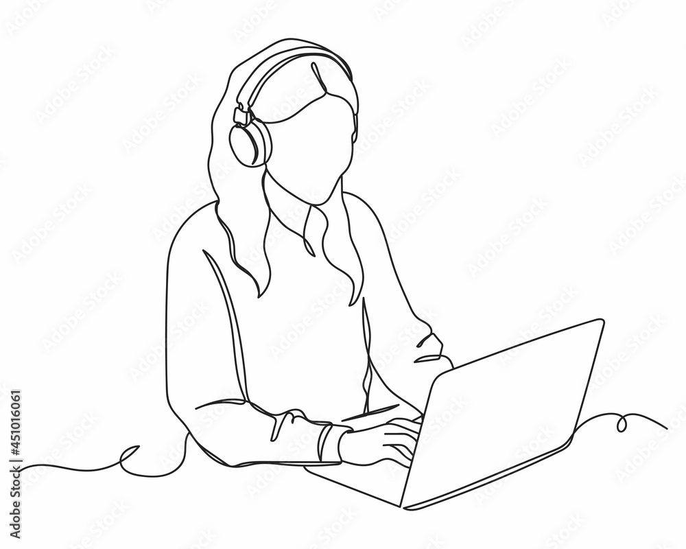 Continuous one line drawing of businesswoman in headphones has video ...