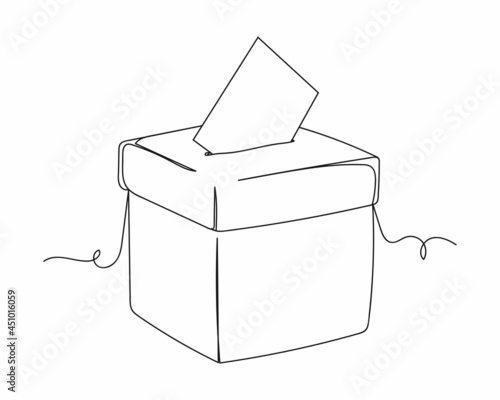 Continuous one line drawing of ballot voting box in silhouette on a white background. Linear stylized.Minimalist.