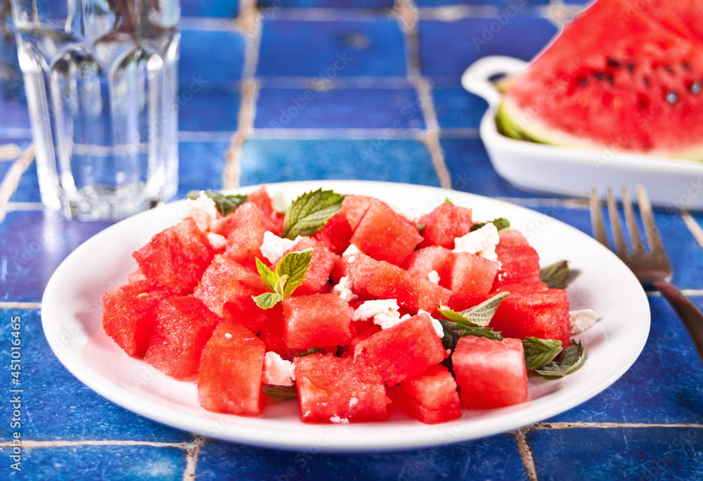 Salad with watermelon, feta cheese and mint leaf Salad with watermelon, feta cheese and mint leaf