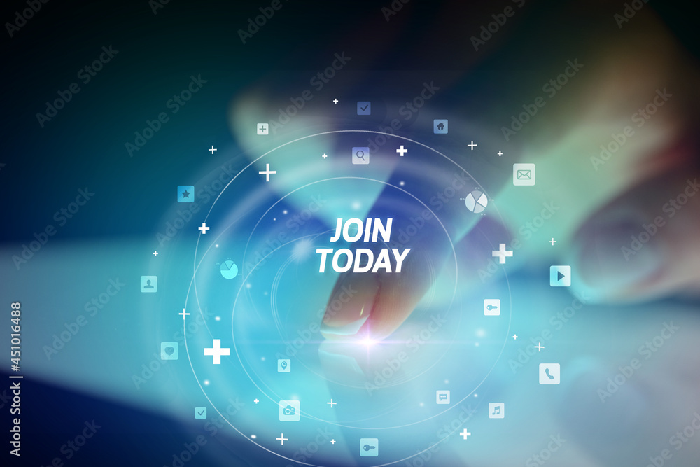 Finger touching tablet with social media icons concept Finger touching tablet with social media icons concept