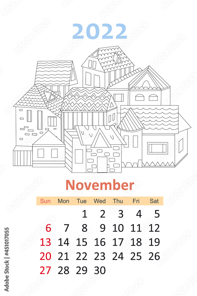 coloring book calendar 2022. cute retro houses. november