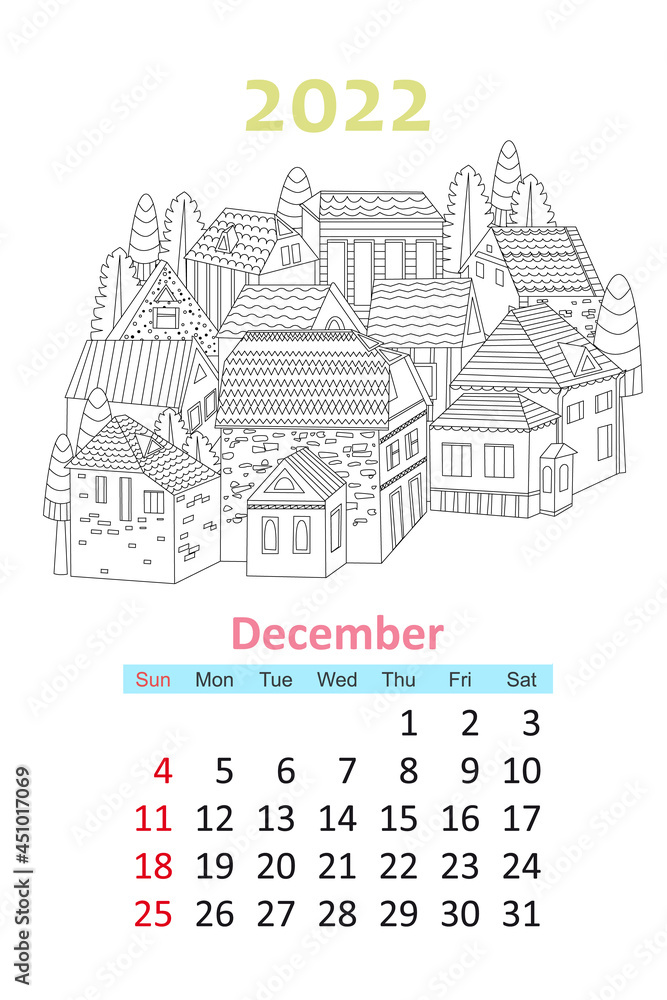 coloring book calendar 2022. cute town with trees. december