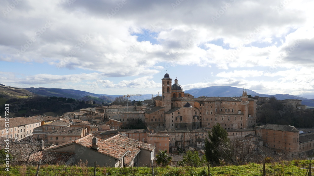 Panoramic view of the Ducal Palace of Urbino medieval walled town and university in Marche, Italy a popular travel destination