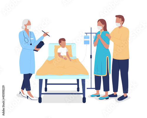 Pediatrician consulting worried parents semi flat color vector characters. Full body people on white. Illnesses treatment isolated modern cartoon style illustration for graphic design and animation