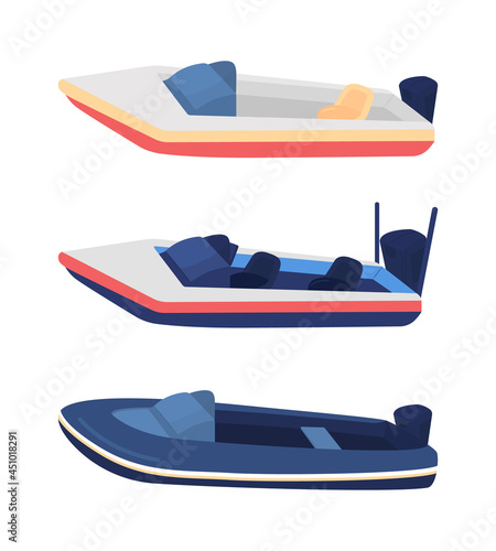Fishing vessel semi flat color vector objects set. Full sized element on white. Boat for sport angling isolated modern cartoon style illustrations collection for graphic design and animation