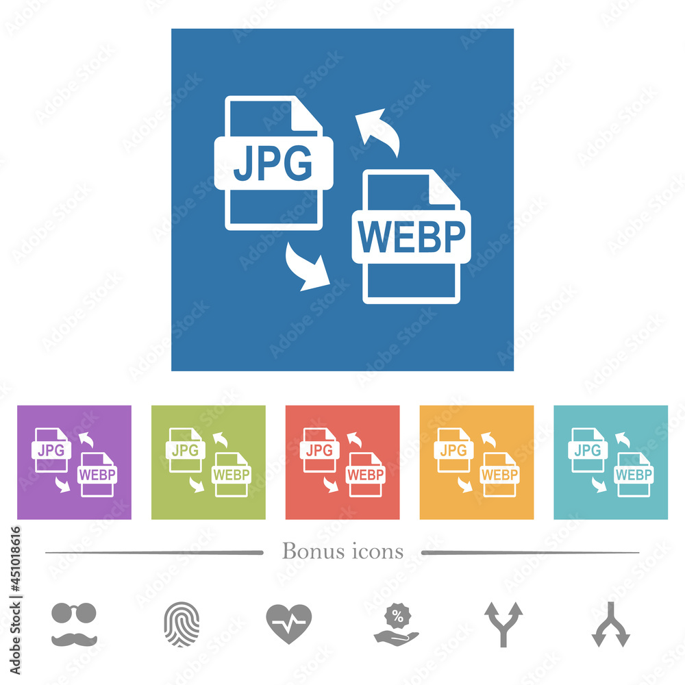 JPG WEBP file conversion flat white icons in square backgrounds JPG WEBP file conversion flat white icons in square backgrounds