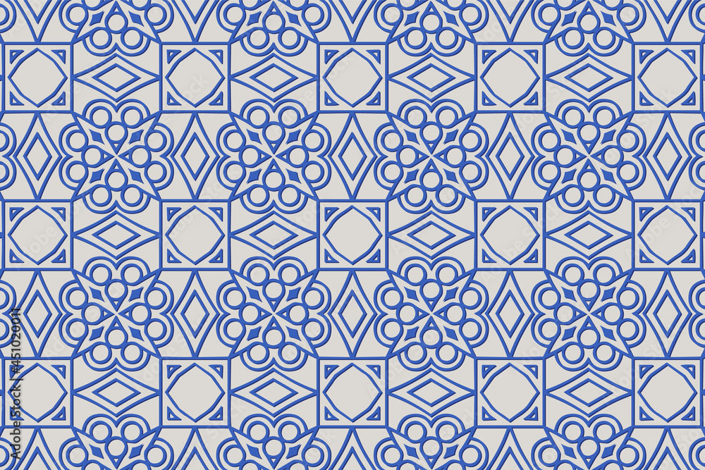 Geometric volumetric convex blue 3D pattern for wallpaper, websites, textiles. Relief light background in traditional oriental, Indonesian exclusive style. Texture with ethnic ornament.