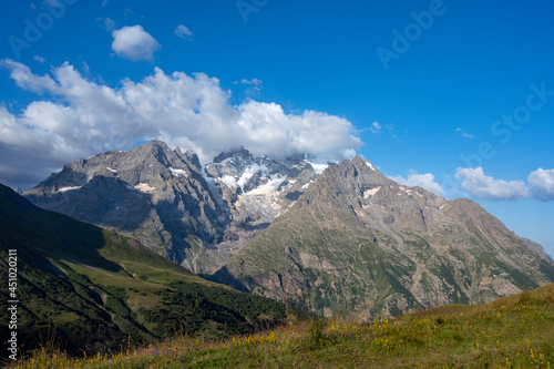 Paysage de montagne dans les Alpes françaises avec le massif de la Meije dans le Parc National des Ecrins dans l'Oisans en France en été © michel