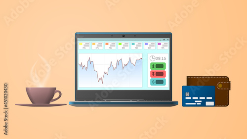 Binary options, trading platform, trading exchange interface on laptop screen with cup of coffee, wallet and bank card. Vector illustration.