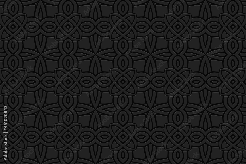3D volumetric convex embossed geometric black background. Curly pattern, unique texture in arabesque style. Ethnic oriental, Asian, Indonesian ornaments for design and decoration. 3D volumetric convex embossed geometric black background. Curly pattern, unique texture in arabesque style. Ethnic oriental, Asian, Indonesian ornaments for design and decoration.