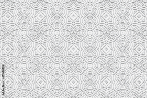 3D volumetric convex embossed geometric white background. Artistic swirl pattern, arabesque texture. Ethnic oriental, Asian, Indonesian ornaments for design and decoration.