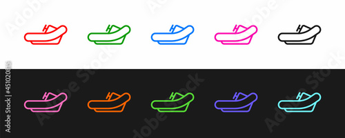 Set line Rafting boat icon isolated on black and white background. Inflatable boat with paddles. Water sports, extreme sports, holiday, vacation. Vector