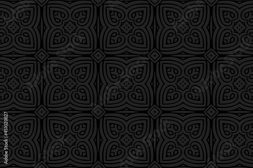 3D volumetric convex embossed geometric black background. Original pattern, unique texture in arabesque style. Ethnic oriental, Asian, Indonesian ornaments for design and decoration.