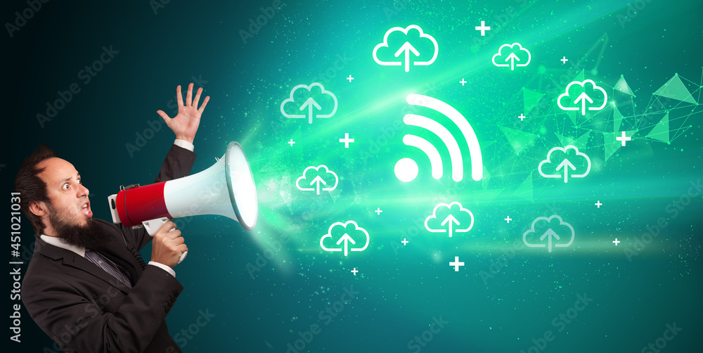 Young person with megaphone and technology related icon Young person with megaphone and technology related icon