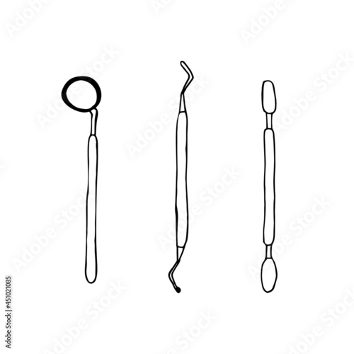 Professional dental tools set for dental examination in doodle style. Set for Dentistry Inspection. Isolated on white background. Dental Oral Care Stainless Steel Tools.