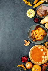 Thanksgiving traditional food for festive charity or family and friends dinner party, top-down view