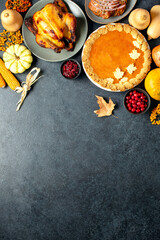 Thanksgiving traditional food for festive charity or family and friends dinner party, top-down view