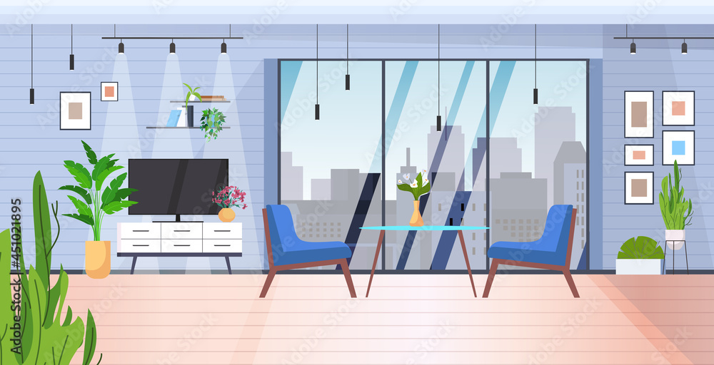 Naklejka premium living room interior modern home apartment with panoramic windows horizontal