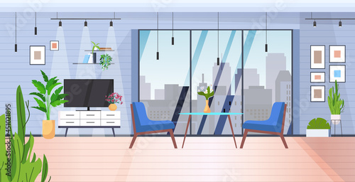 living room interior modern home apartment with panoramic windows horizontal