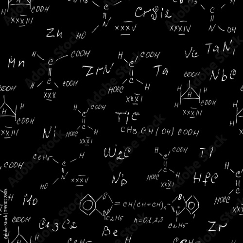 Seamless endless pattern background with handwritten chemistry formulas, chemical relationship or rules expressed in symbols, various matter, compounds, composed of atoms, molecules and ions. Vector.