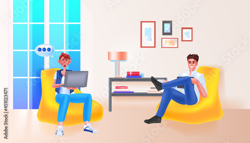 businesspeople discussing during meeting chat bubble communication teamwork social media network concept