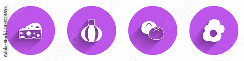 Set Cheese, Onion, Bread loaf and Scrambled egg icon with long shadow. Vector