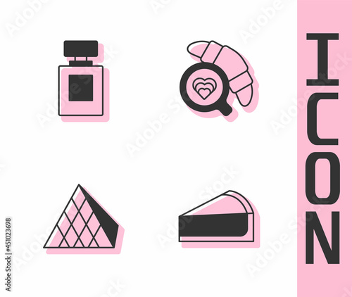 Set Cherry cheesecake slice, Perfume, Louvre glass pyramid and Coffee cup with croissant icon. Vector