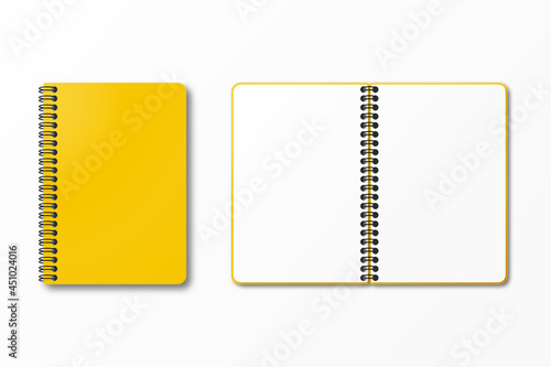 Top view of yellow spiral notebook with space for your image or text isolated on white background for mockup. Design concept. Vector illustration.