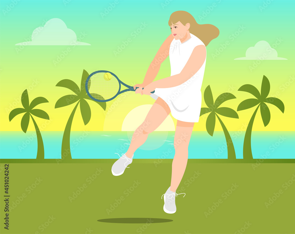A girl or woman - a tennis player, holding a tennis racket in his hand, jumping and hitting the ball. Vector sports illustration. Active rest, big tennis. Background with sunset and palm trees A girl or woman - a tennis player, holding a tennis racket in his hand, jumping and hitting the ball. Vector sports illustration. Active rest, big tennis. Background with sunset and palm trees