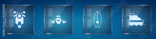 Set Scooter, Plane, Surfboard and Cruise ship. Square glass panels. Vector
