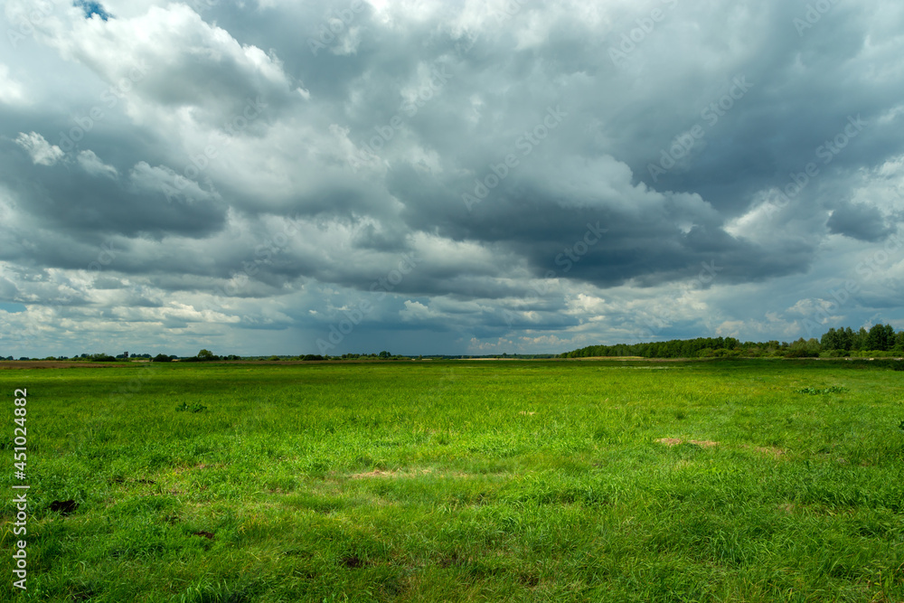 Cloud with rain on the horizon and green meadow