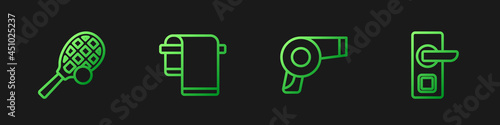 Set line Hair dryer, Tennis racket with ball, Towel on hanger and Digital door lock. Gradient color icons. Vector