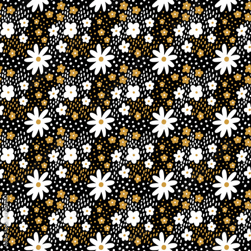 Ditsy floral vector seamless pattern. Small yellow and white meadow flowers on black background. Tiny wildflower motif, template. Millefleur print. Fashion texture for textile, wrapping, gift paper