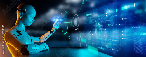 Future metaverse world digital technology android robot working replace human, 3D humanoid cyborg pointing finger programming on HUD interface computer screen futuristic background