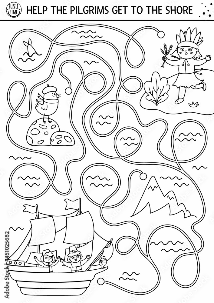 Thanksgiving Day black and white maze for children. Autumn line holiday preschool printable activity. Fall outline labyrinth game or puzzle with first Americans sailing on Mayflower .