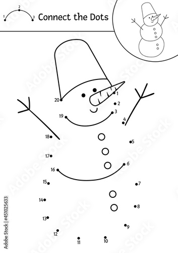 Vector Christmas dot-to-dot and color activity with cute snowman. Winter holiday connect the dots game for children with snow man. Coloring page for kids with traditional New Year symbol. .