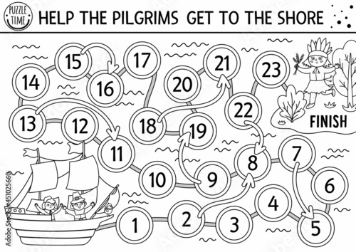 Thanksgiving black and white dice board game for children with cute pilgrims on a ship and native American Indian. Historical line autumn holiday boardgame. Fall outline activity for kids..