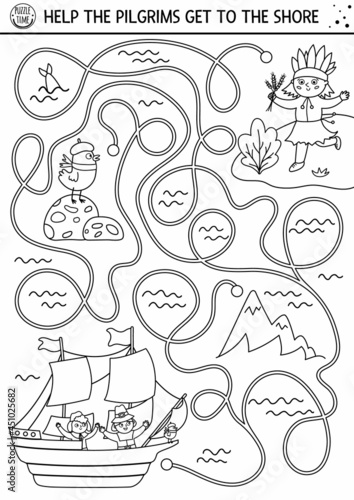 Thanksgiving Day black and white maze for children. Autumn line holiday preschool printable activity. Fall outline labyrinth game or puzzle with first Americans sailing on Mayflower .