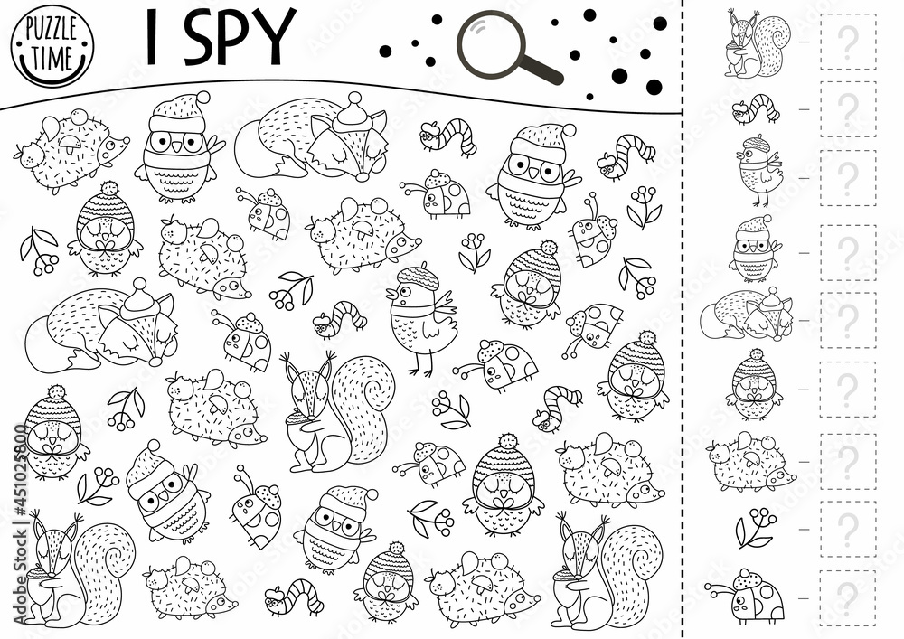 Autumn black and white forest I spy game for kids. Fall searching and  counting line activity for preschool children with woodland animals, birds,  insects. Funny printable worksheet or coloring page. Stock Vector |