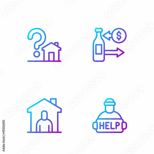 Set line Help homeless, Shelter for, House with question mark and Reception of glass bottles. Gradient color icons. Vector