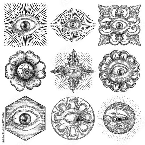Set of All Seeing Eye symbols elements variation. Alchemy, religion, spirituality and occultism tattoo ink art. Vision of providence and conspiracy theory. Hand drawing in flash tattoo artwork. Vector