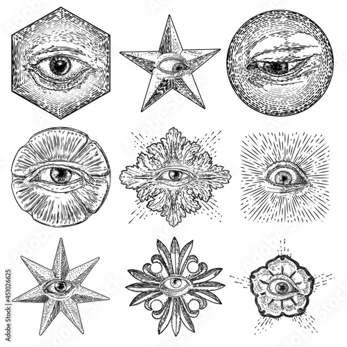 Set of All Seeing Eye symbols elements variation. Alchemy, religion, spirituality and occultism tattoo ink art. Vision of providence and conspiracy theory. Hand drawing in flash tattoo artwork. Vector
