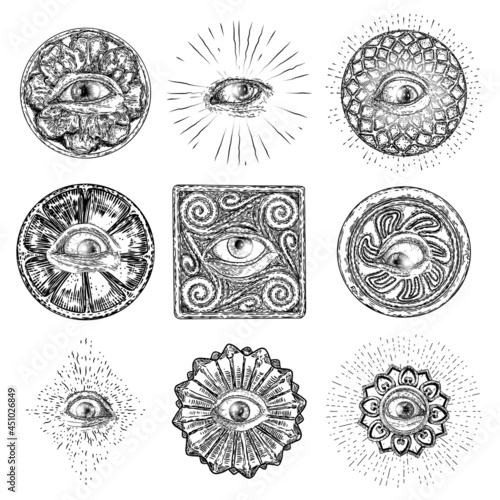 Set of various drawings of the All Seeing Eye in different directions and emotions. The symbol of the Masons as an option design element. Human vision. Vector.