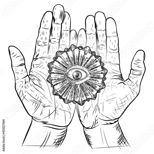 Fortune Teller hands or witch hands with all seeing eye. Mystic and occult symbols. Palmistry concept of spirituality, astrology and esoteric concept. Magic black ink tattoo flash idea. Vector