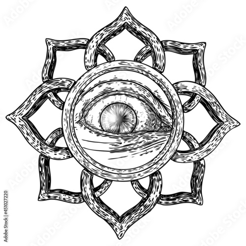 Mystic or all seeing eye drawing ink hand style. Conspiracy Illuminati theory.  Eye of Providence on the decorative background. Alchemy, religion, spirituality and occultism tattoo ink art. Vector.