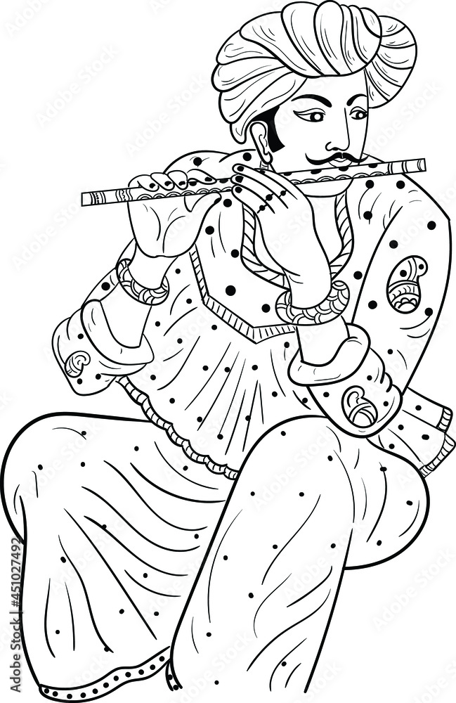 INDIAN MAN PLAYING TUTARI FLUTE WITH HIS MOUTH VECTOR ILLUSTRATION