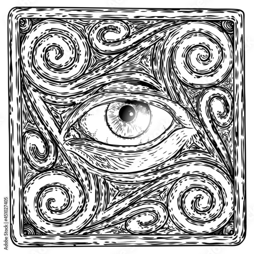 Mystic or all seeing eye drawing ink hand style. Conspiracy Illuminati theory.  Eye of Providence on the decorative background. Alchemy, religion, spirituality and occultism tattoo ink art. Vector.