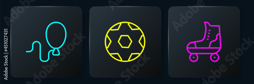 Set line Balloons, Roller skate and Soccer football ball. Black square button. Vector