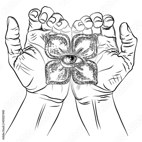 Fortune Teller hands or witch hands with all seeing eye. Mystic and occult symbols. Palmistry concept of spirituality, astrology and esoteric concept. Magic black ink tattoo flash idea. Vector